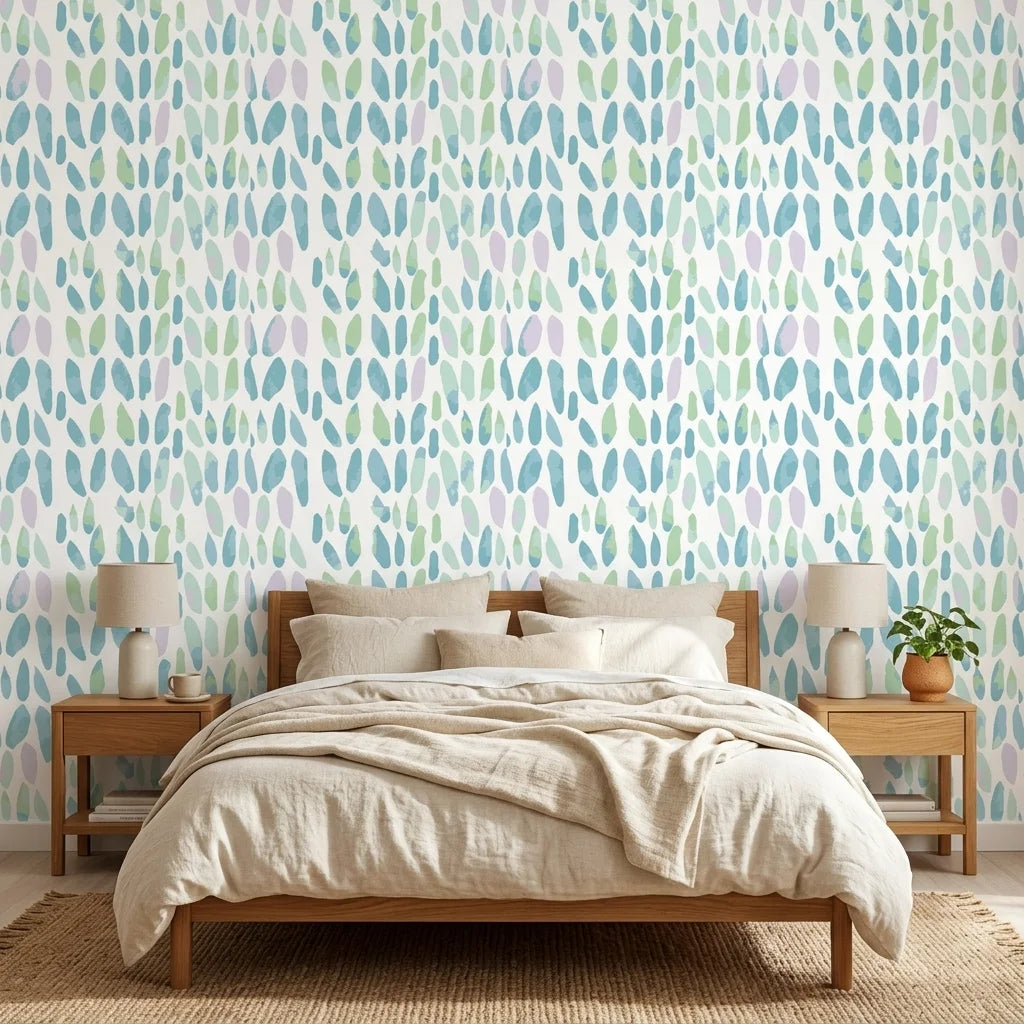 Tidal Scatter coastal blue abstract wallpaper adding character to a cozy bedroom