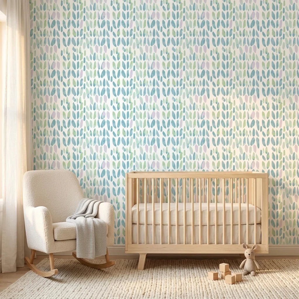 Tidal Scatter coastal blue abstract wallpaper bringing warmth to a peaceful nursery