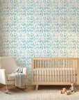 Tidal Scatter coastal blue abstract wallpaper bringing warmth to a peaceful nursery