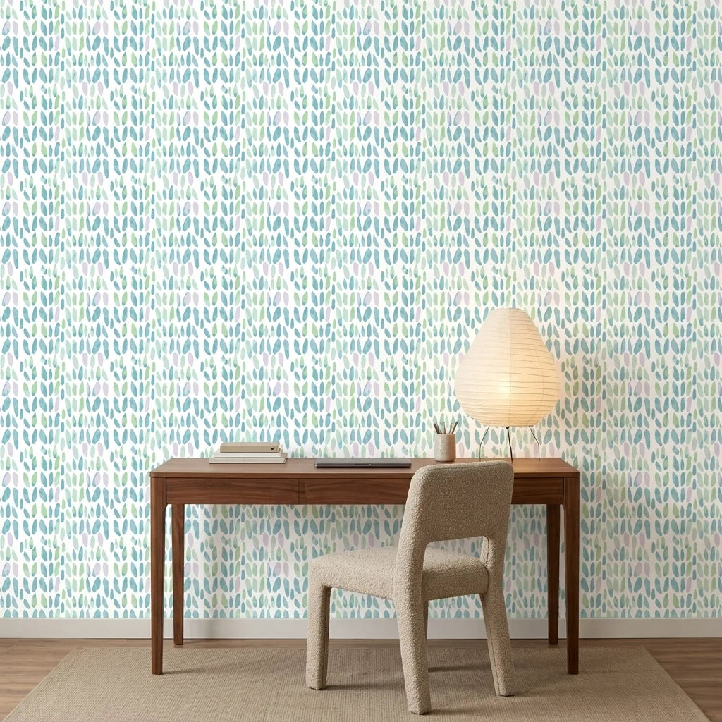 Tidal Scatter coastal blue abstract wallpaper as a feature wall in a bright home office