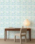 Tidal Scatter coastal blue abstract wallpaper as a feature wall in a bright home office