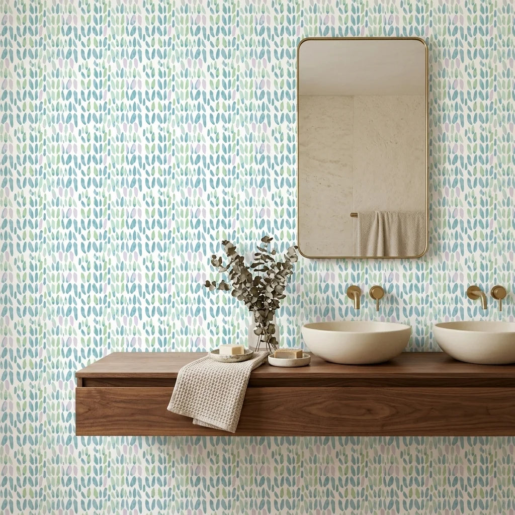 Tidal Scatter coastal blue abstract wallpaper creating ambiance in a serene bathroom