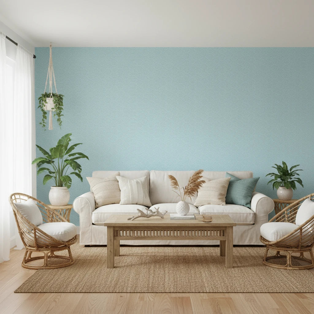 Tidal Hum modern blue wave wallpaper in a warm and inviting living room