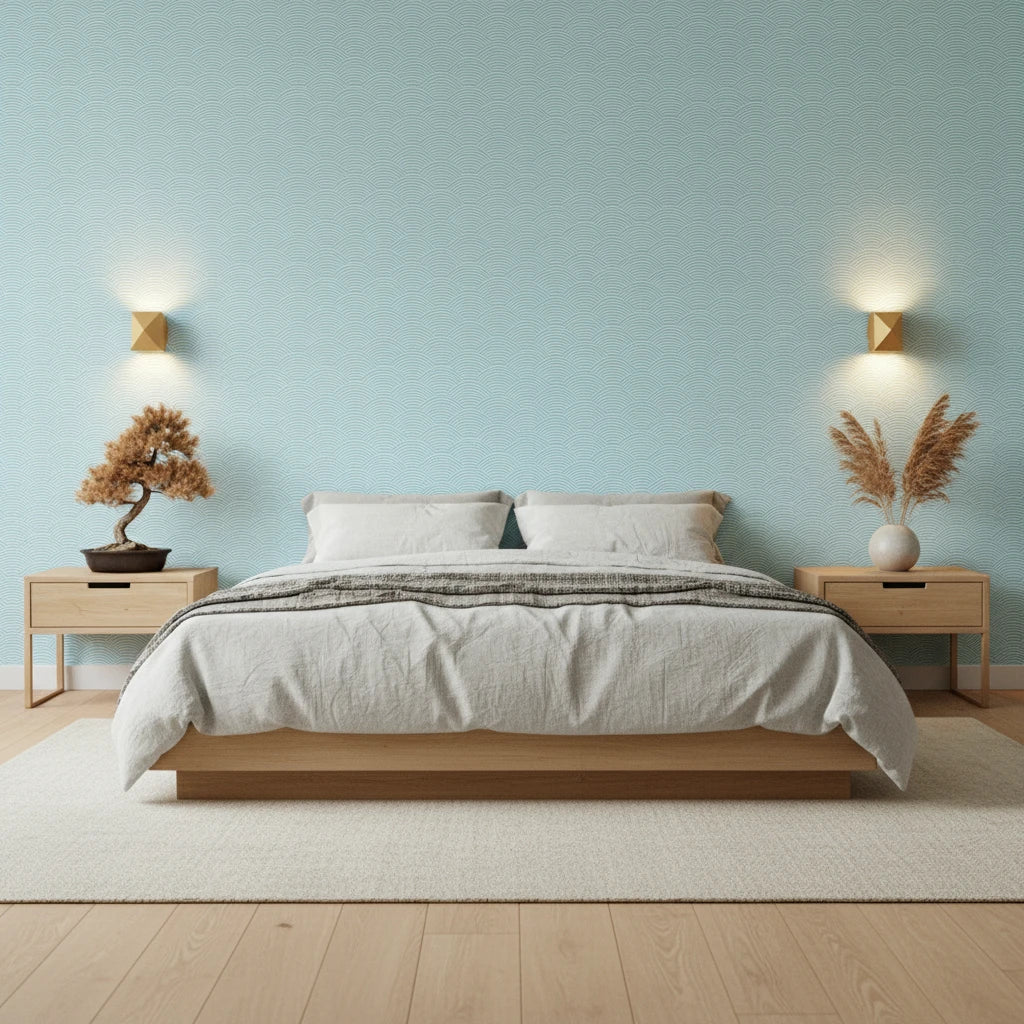 Tidal Hum modern blue wave wallpaper adding character to a cozy bedroom