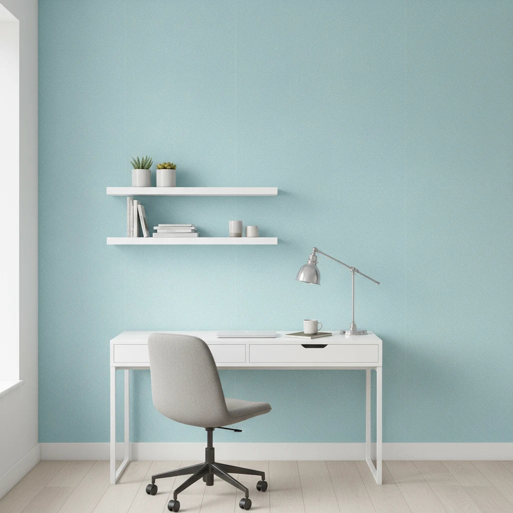 Tidal Hum modern blue wave wallpaper as a feature wall in a bright home office