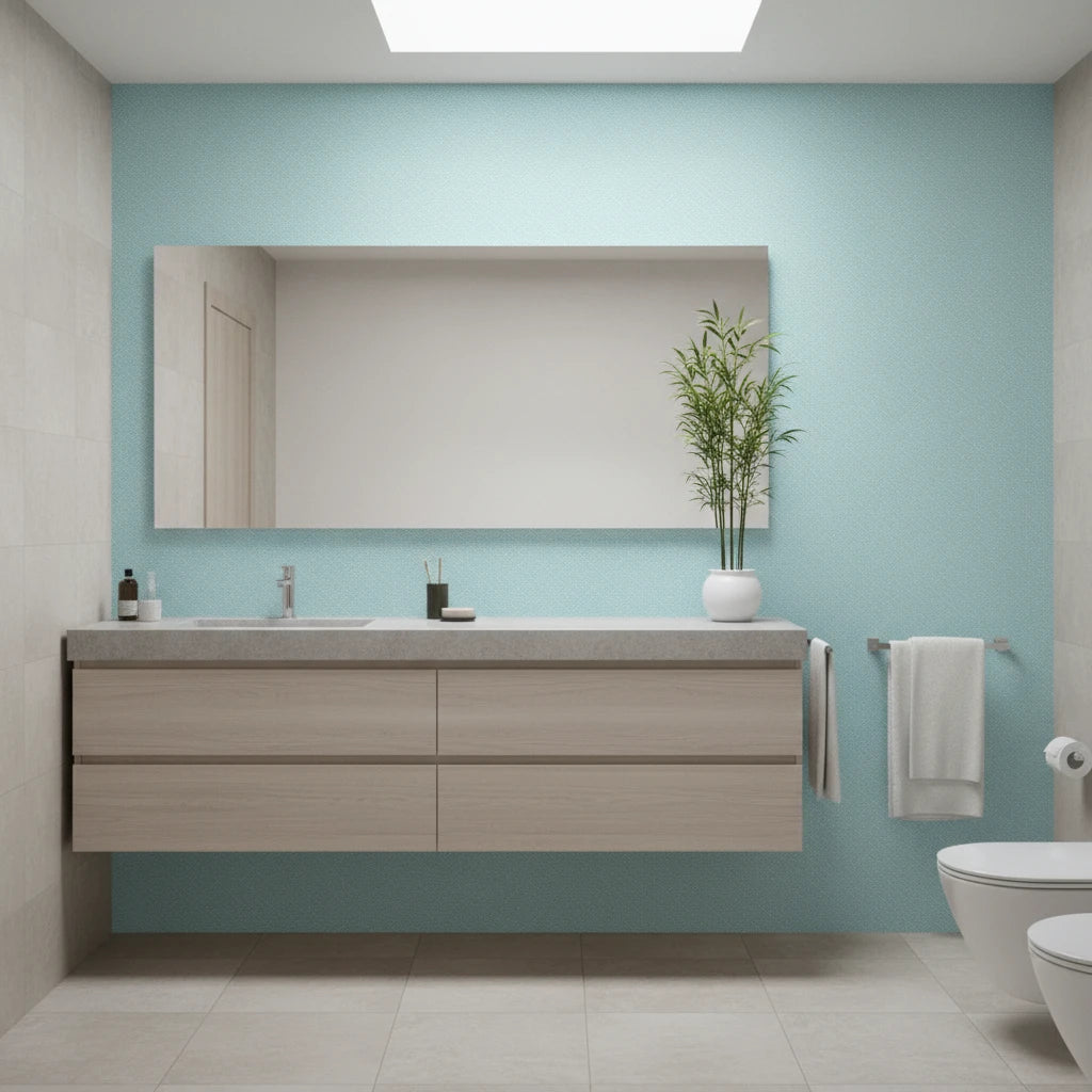 Tidal Hum modern blue wave wallpaper creating ambiance in a serene bathroom