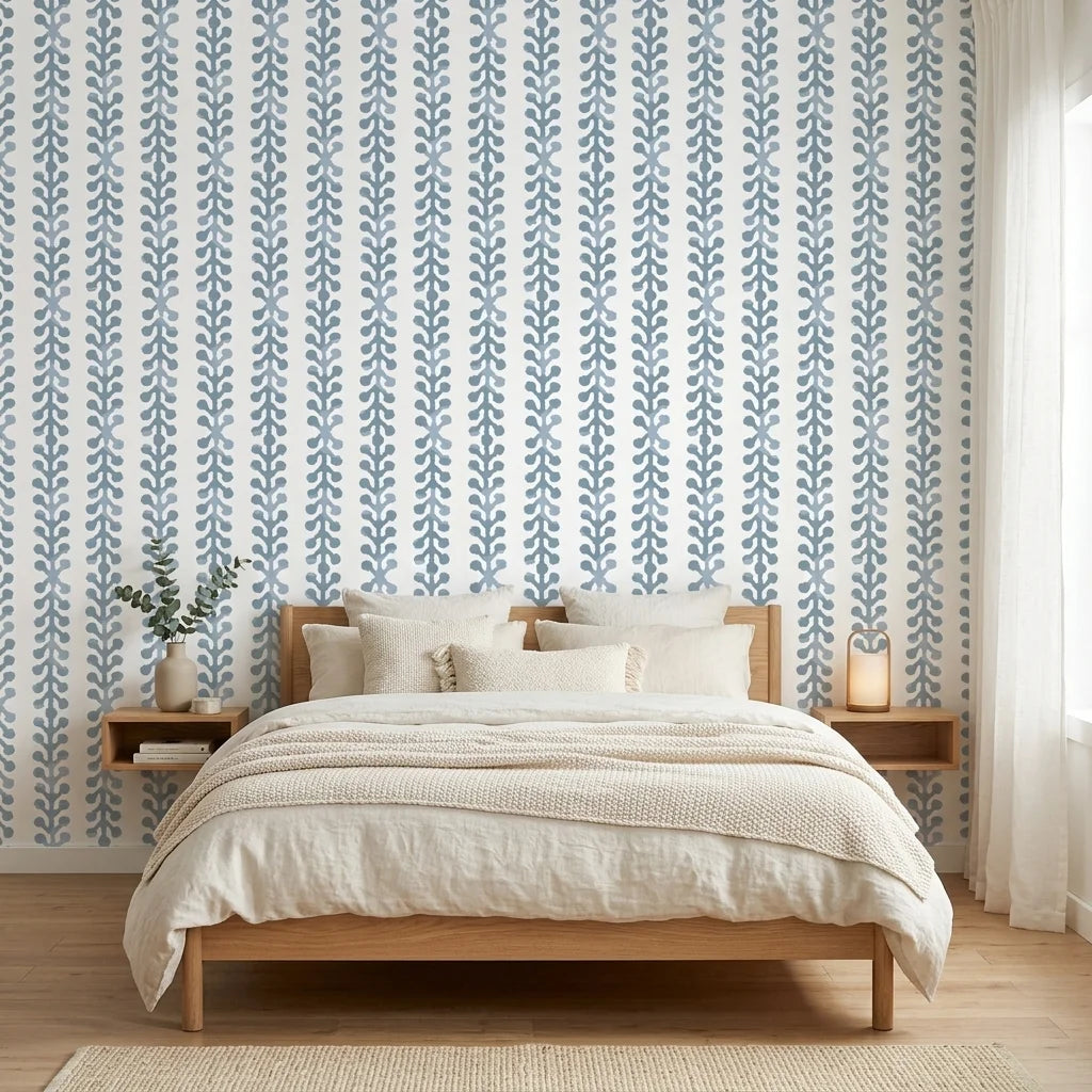 Tide Garden blue botanical peel and stick wallpaper adding character to a cozy bedroom