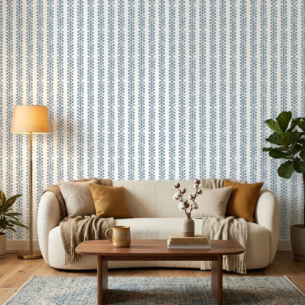 Tide Garden blue botanical peel and stick wallpaper in a warm and inviting living room