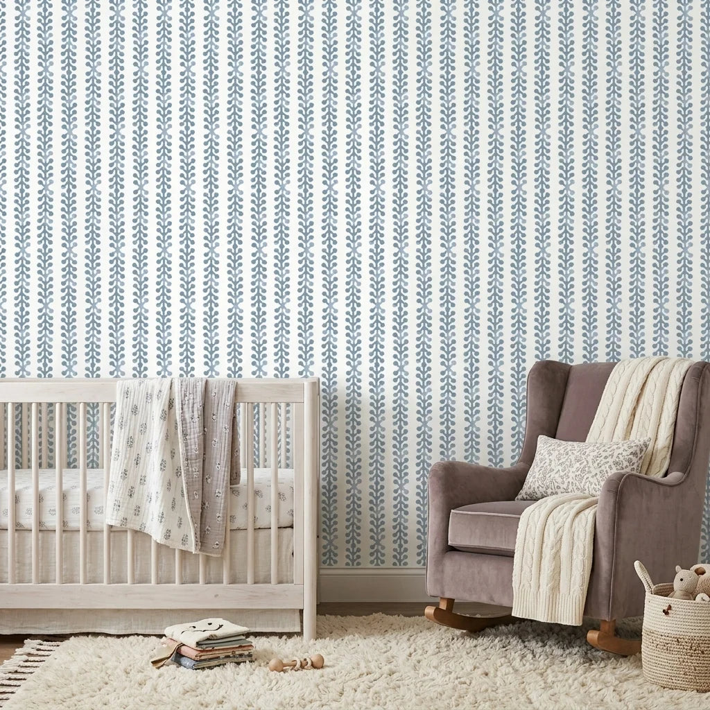 Tide Garden blue botanical peel and stick wallpaper bringing warmth to a peaceful nursery