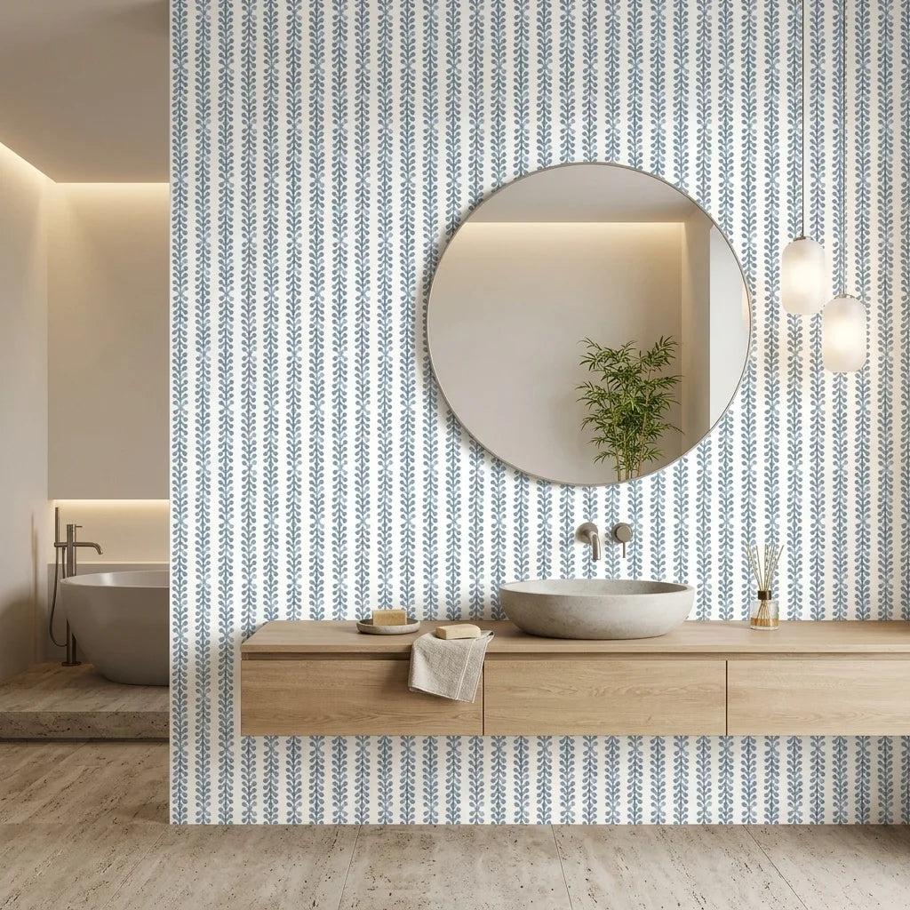 Tide Garden blue botanical peel and stick wallpaper creating ambiance in a serene bathroom