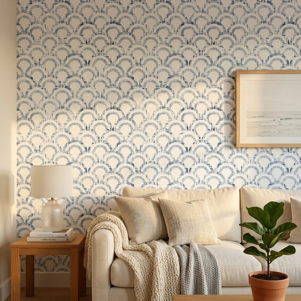 Tide's Armor blue geometric peel and stick wallpaper in a warm and inviting living room