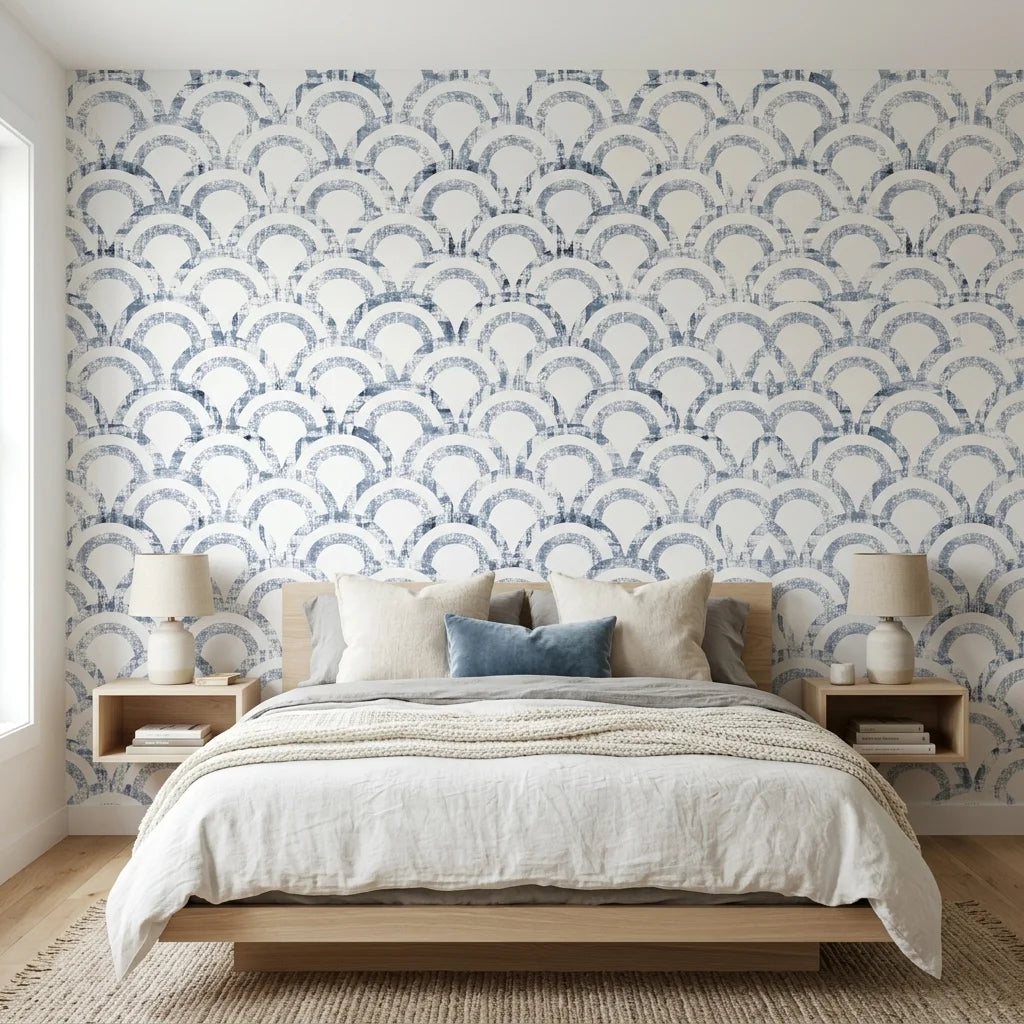 Tide's Armor blue geometric peel and stick wallpaper adding character to a cozy bedroom
