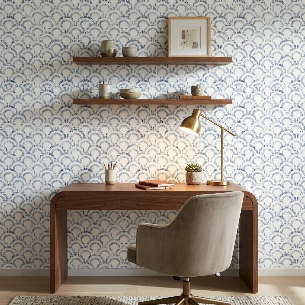 Tide's Armor blue geometric peel and stick wallpaper as a feature wall in a bright home office