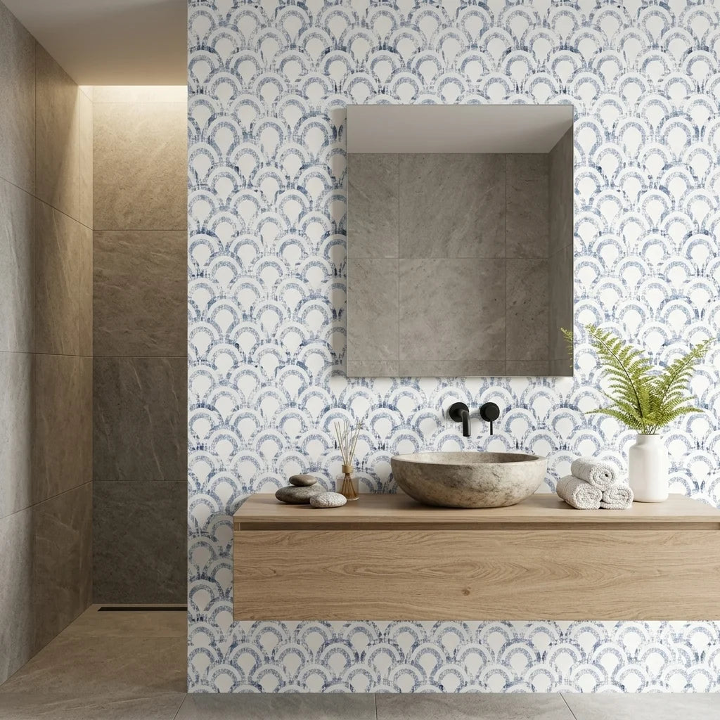 Tide's Armor blue geometric peel and stick wallpaper creating ambiance in a serene bathroom