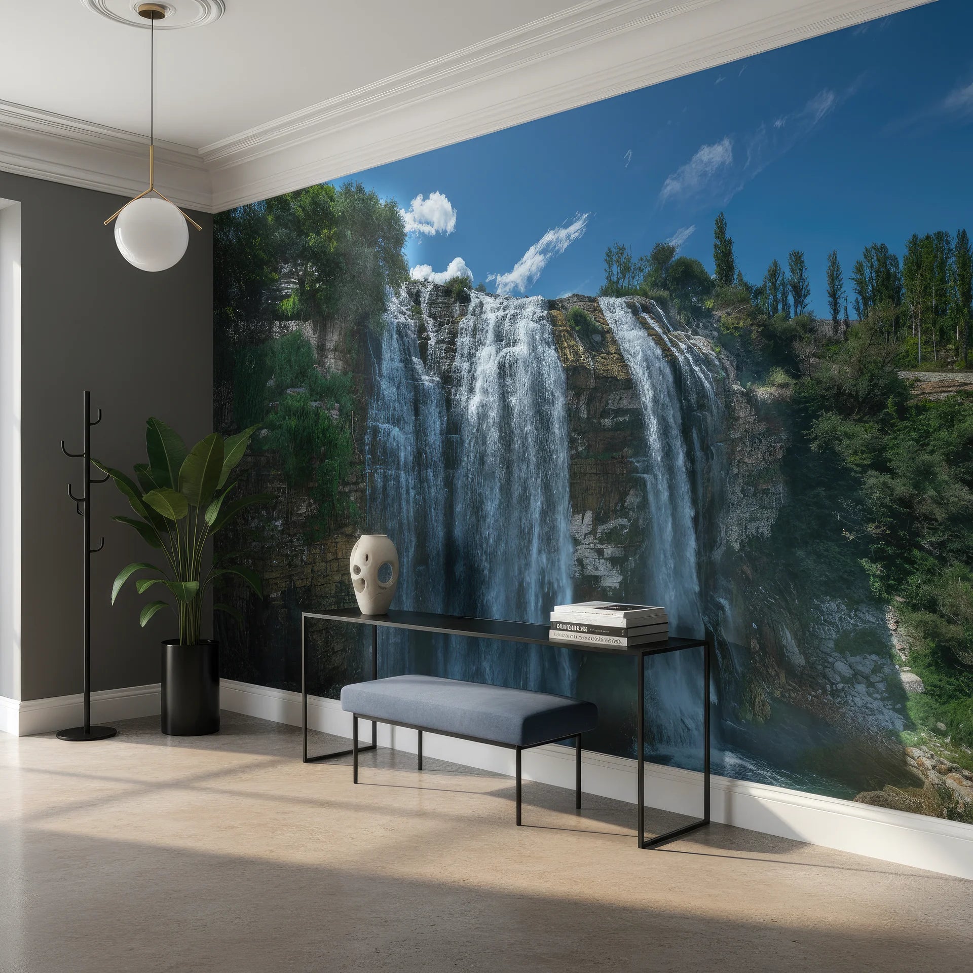 Multi-tiered waterfall with impressive power peel and stick wallpaper