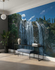 Multi-tiered waterfall with impressive power peel and stick wallpaper