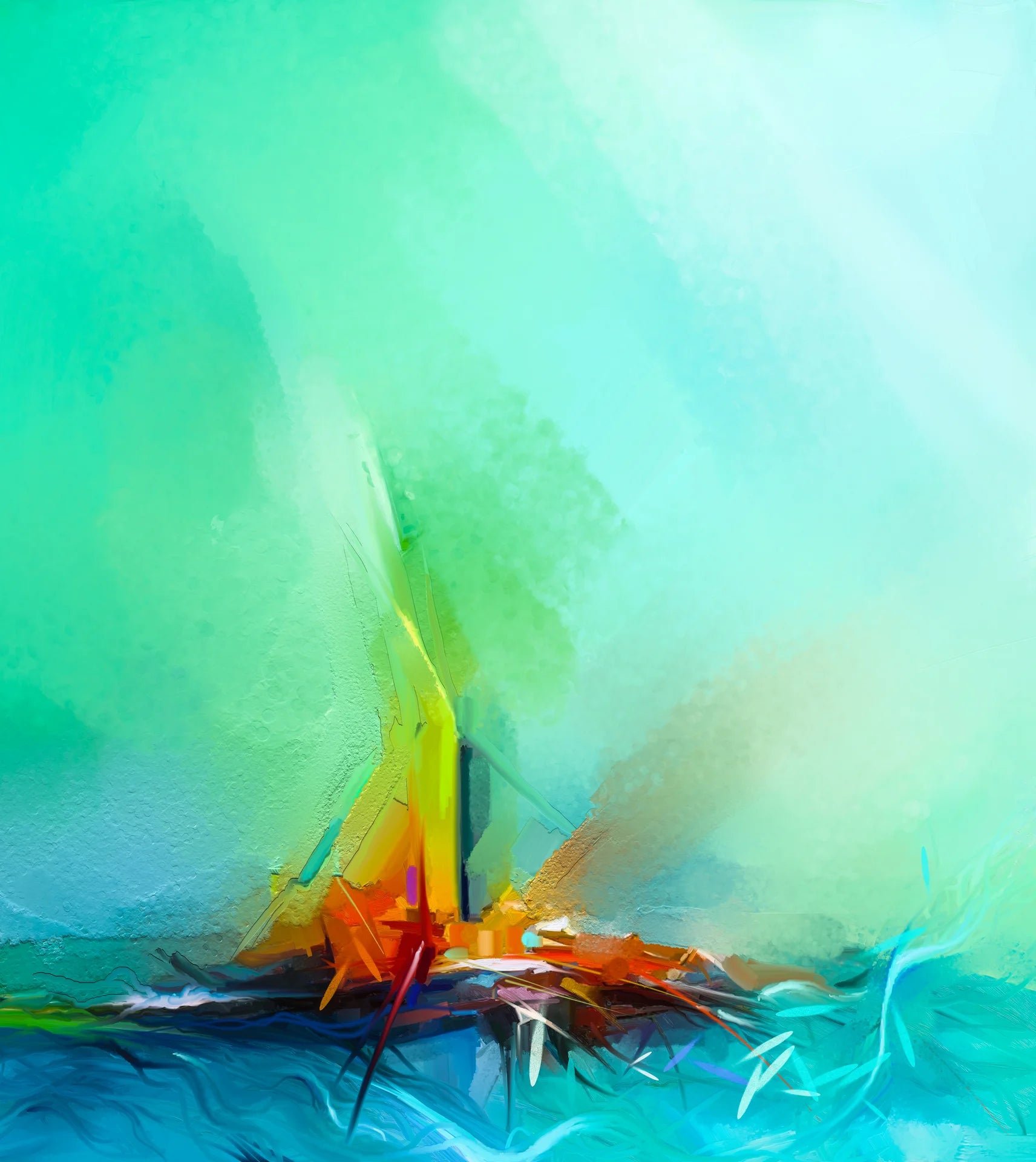 Torch & Tide green abstract seascape wallpaper creating ambiance in a serene bathroom