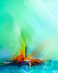 Torch & Tide green abstract seascape wallpaper creating ambiance in a serene bathroom