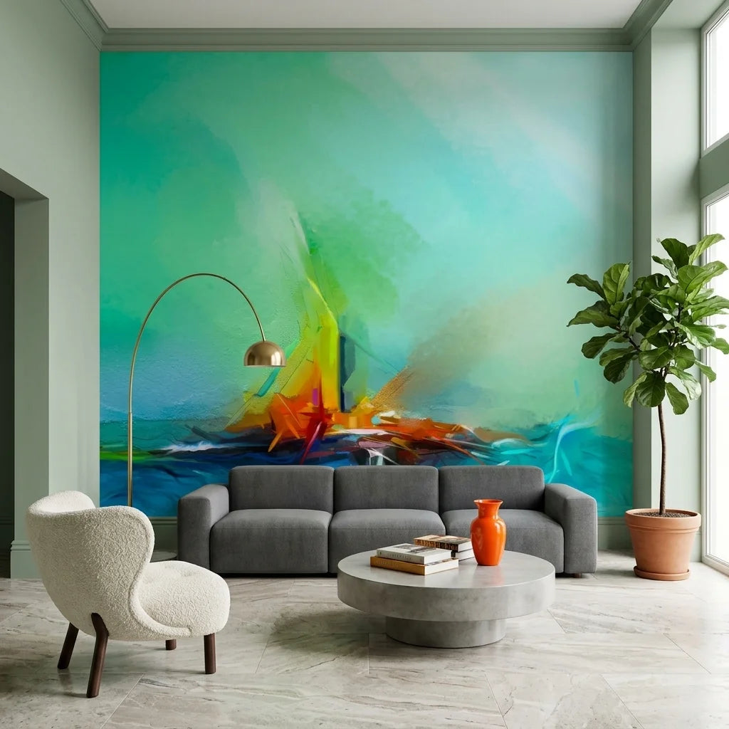 Canvas-like green and orange abstract seascape peel and stick wallpaper - Torch & Tide