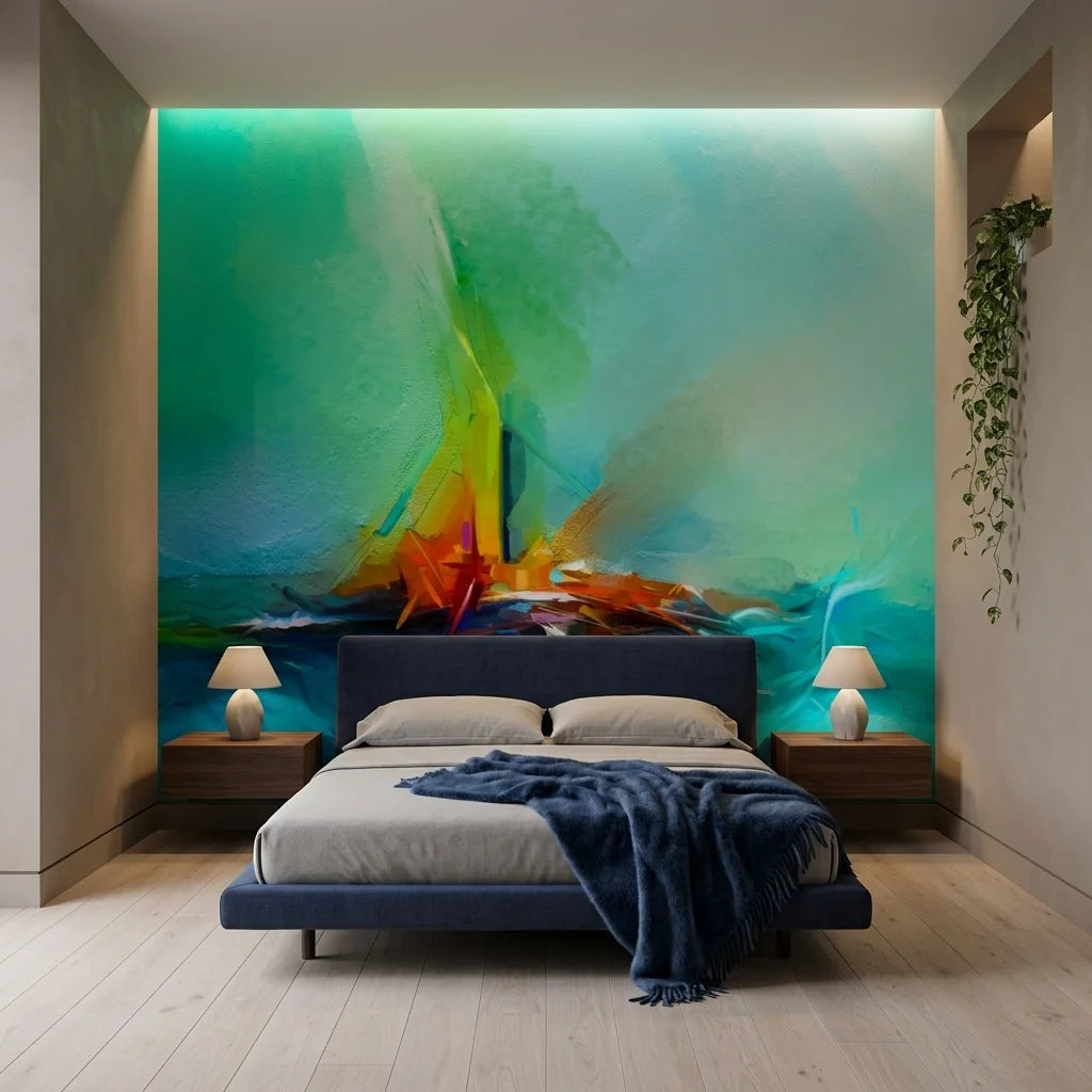 Torch & Tide green abstract seascape wallpaper in a warm and inviting living room