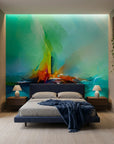 Torch & Tide green abstract seascape wallpaper in a warm and inviting living room