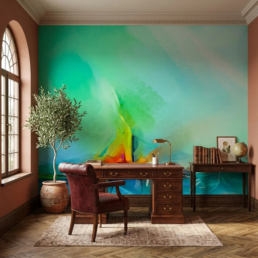 Torch & Tide green abstract seascape wallpaper adding character to a cozy bedroom