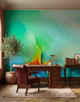 Torch & Tide green abstract seascape wallpaper adding character to a cozy bedroom