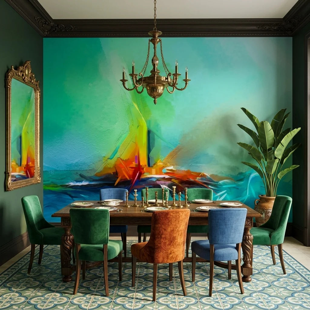 Torch & Tide green abstract seascape wallpaper as a feature wall in a bright home office