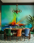 Torch & Tide green abstract seascape wallpaper as a feature wall in a bright home office