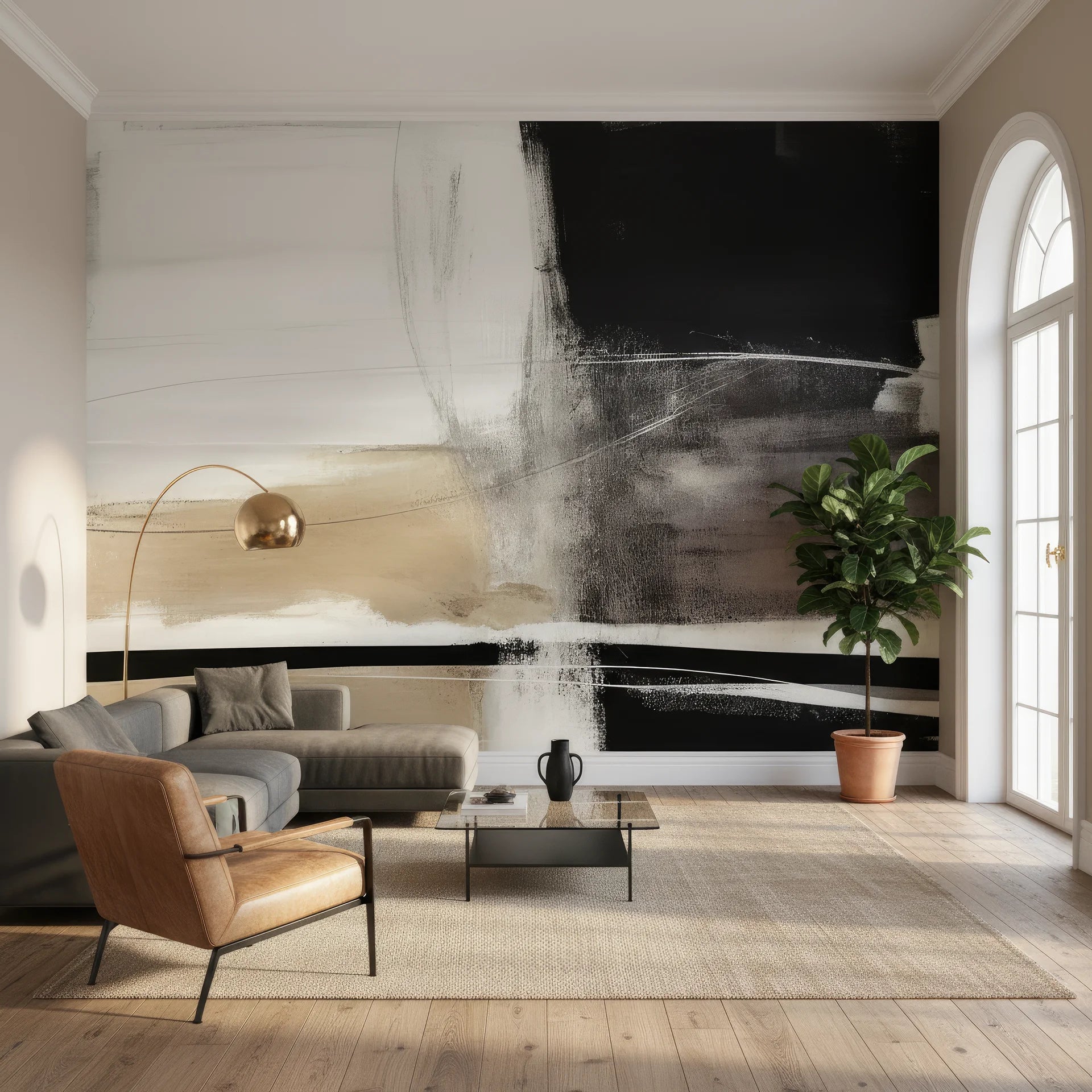 Bold abstract peel and stick wallpaper in black, white and tan