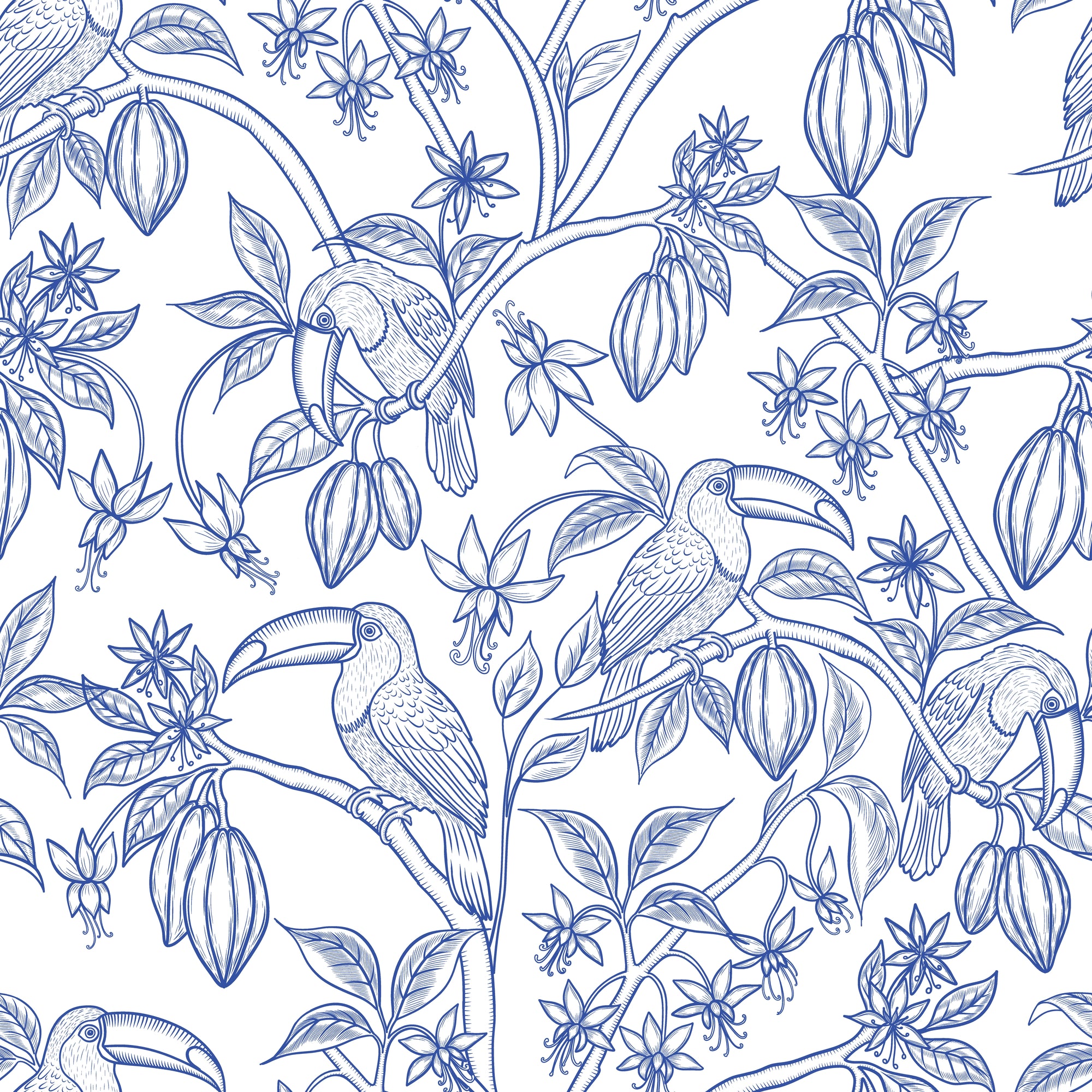 Smooth blue and white tropical toucan peel and stick wallpaper - Toucan Toile