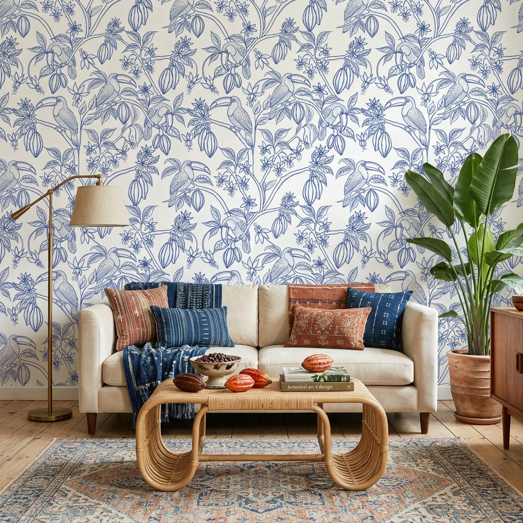 Toucan Toile blue and white tropical bird wallpaper in a warm and inviting living room
