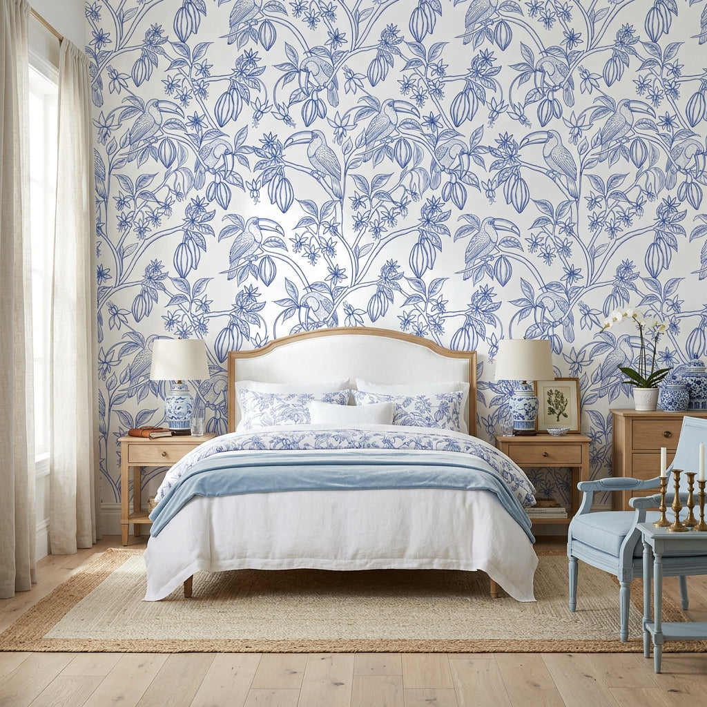 Toucan Toile blue and white tropical bird wallpaper adding character to a cozy bedroom
