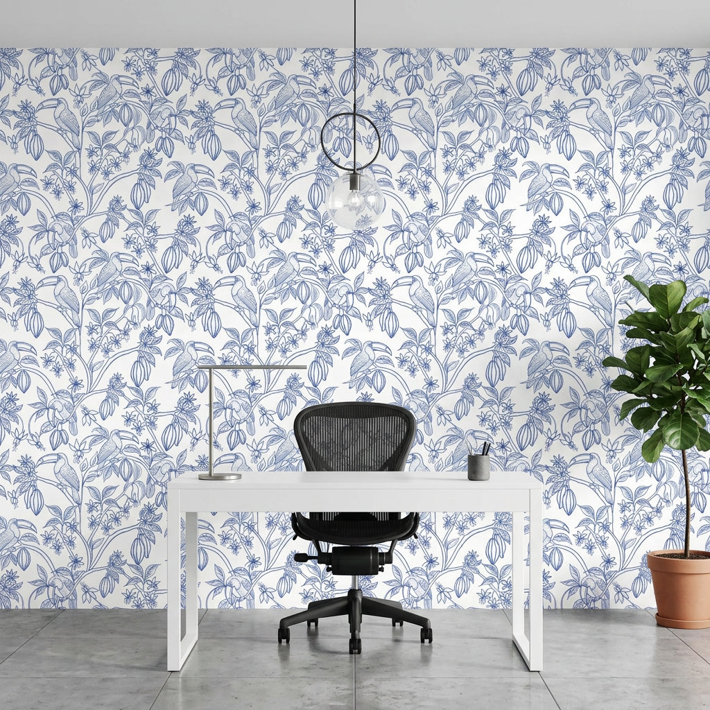 Toucan Toile blue and white tropical bird wallpaper as a feature wall in a bright home office
