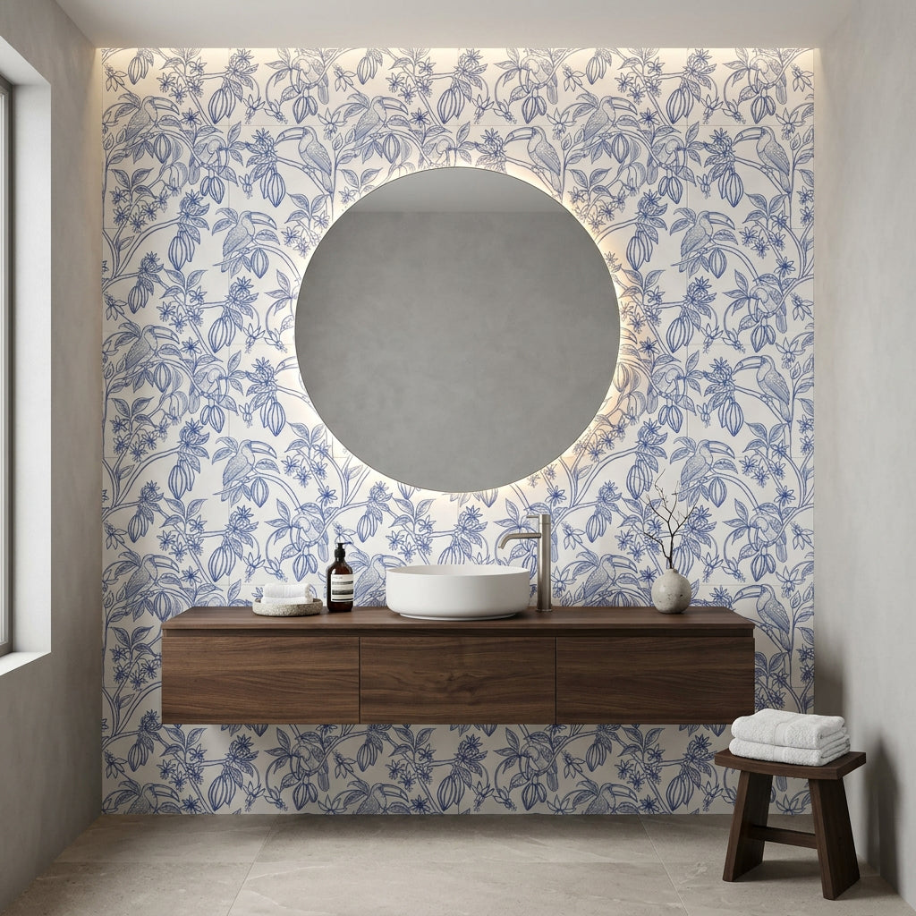 Toucan Toile blue and white tropical bird wallpaper creating ambiance in a serene bathroom