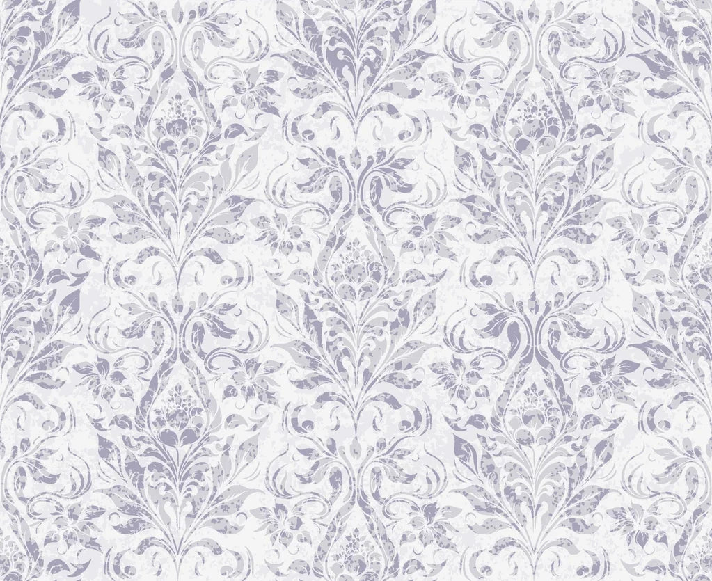 Elegant Tranquil Flora damask wallpaper in soft lavender and white with vintage botanical scrollwork pattern