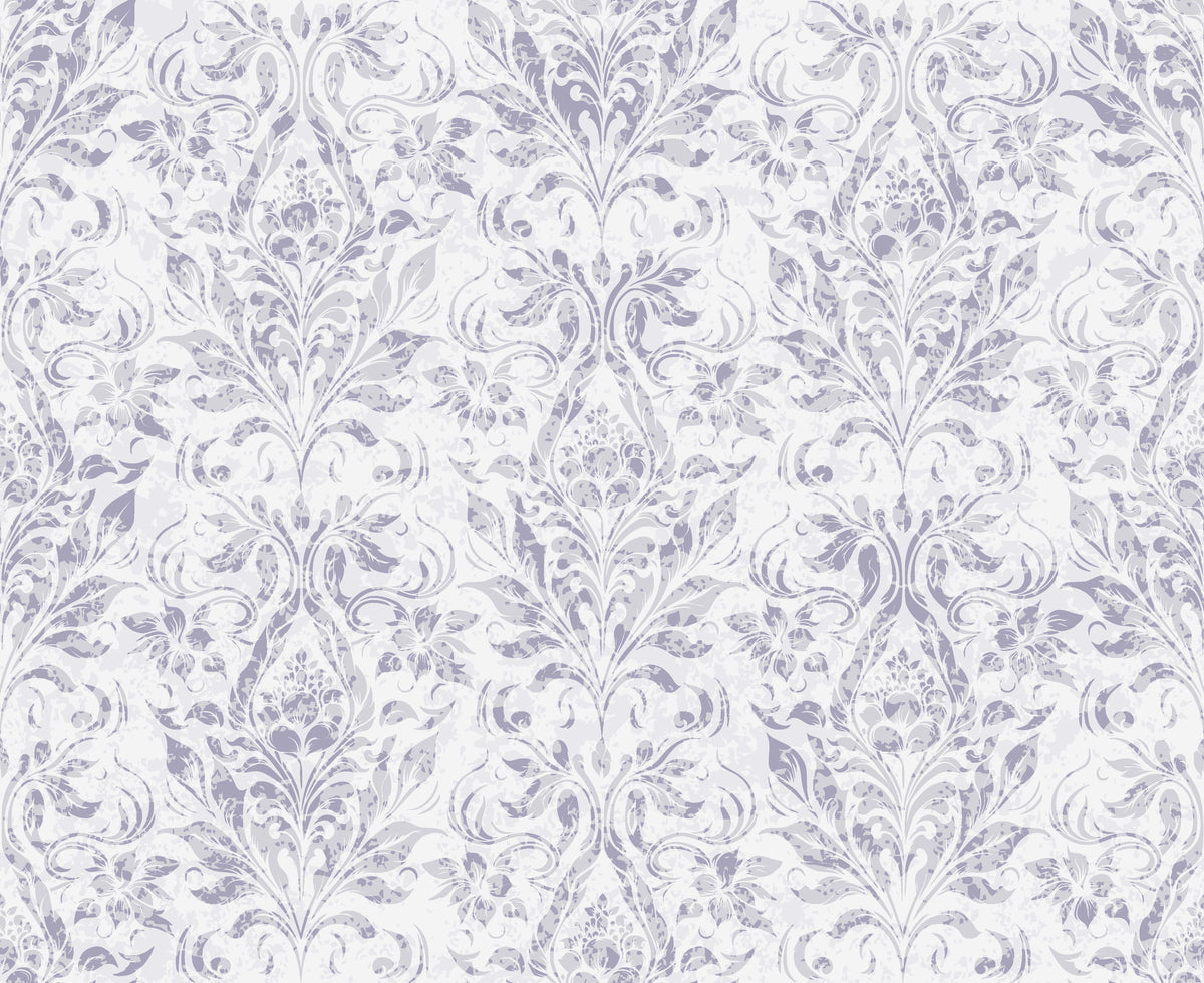 Elegant Tranquil Flora damask wallpaper in soft lavender and white with vintage botanical scrollwork pattern
