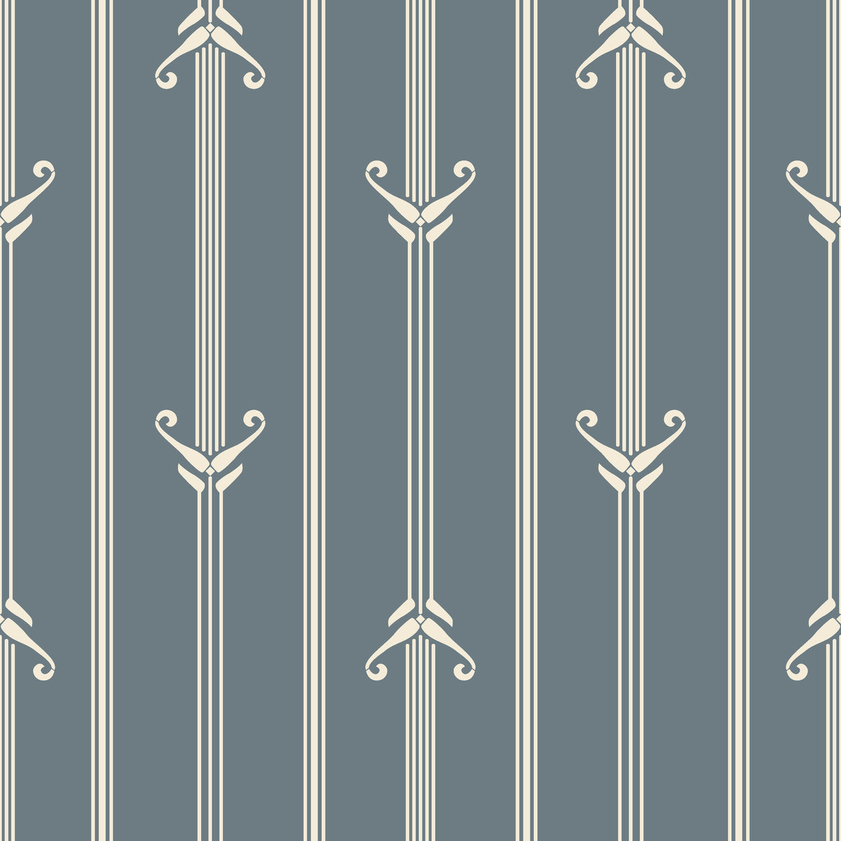 Art Deco Tranquility Tapestry wallpaper with slate blue background and cream geometric scroll motifs in vertical stripes