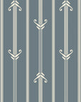 Art Deco Tranquility Tapestry wallpaper with slate blue background and cream geometric scroll motifs in vertical stripes