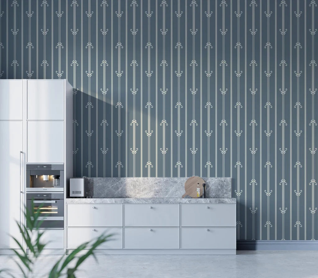 Blue-gray Tranquility Tapestry wallpaper with white arrow stripes in modern kitchen with marble countertops
