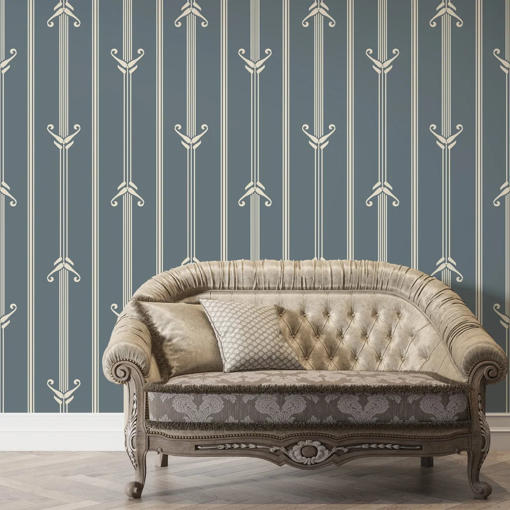 Slate blue and cream Tranquility Tapestry peel and stick wallpaper with Art Deco arrow stripes in elegant living room