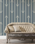 Slate blue and cream Tranquility Tapestry peel and stick wallpaper with Art Deco arrow stripes in elegant living room