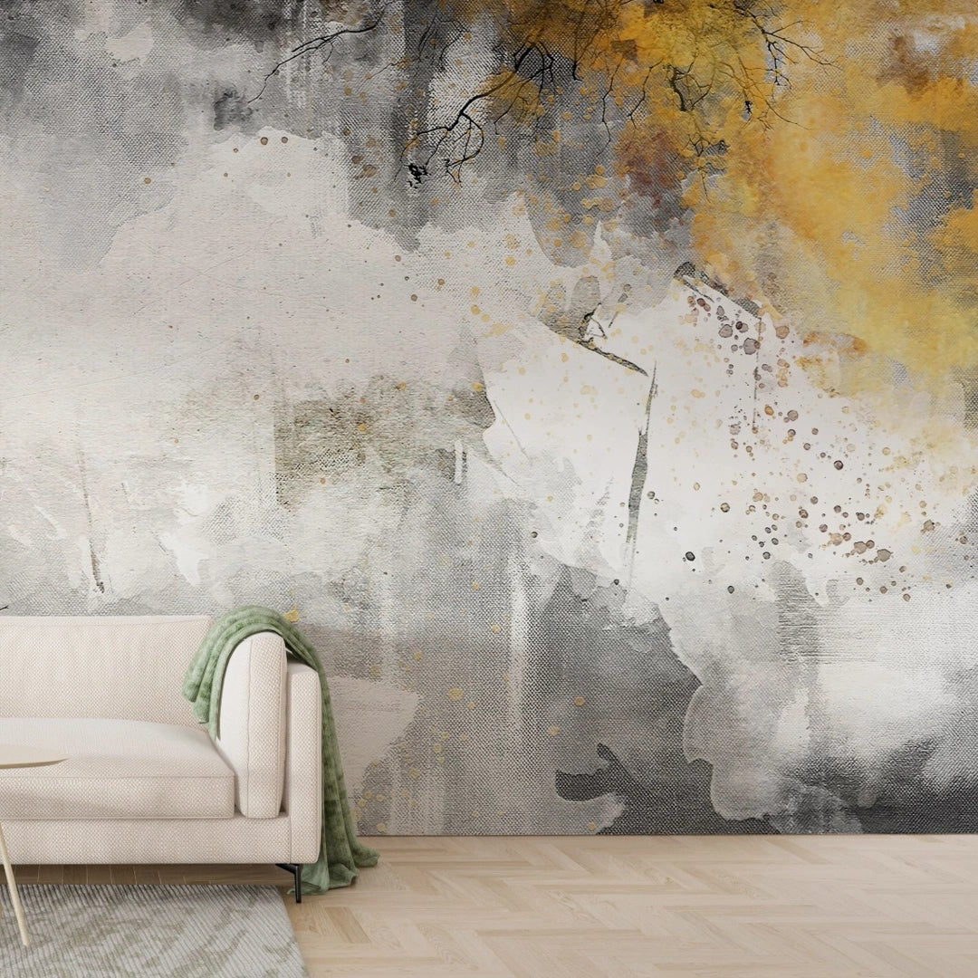 Abstract watercolor Trees Gold wallpaper with grey washes and golden accents in modern living room