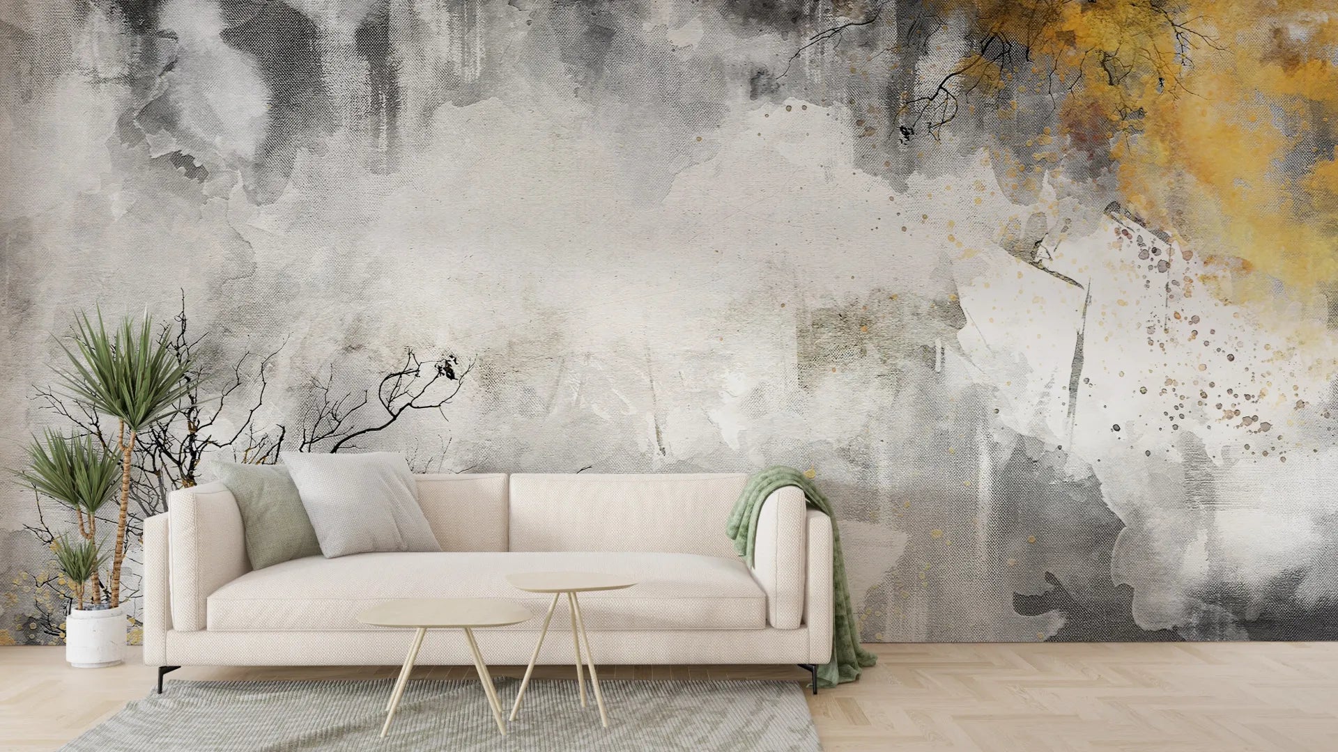 Trees Gold watercolor mural wallpaper with gray, beige, and golden autumn tones in modern living room