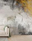 Abstract watercolor Trees Gold wallpaper with grey washes and golden accents in modern living room