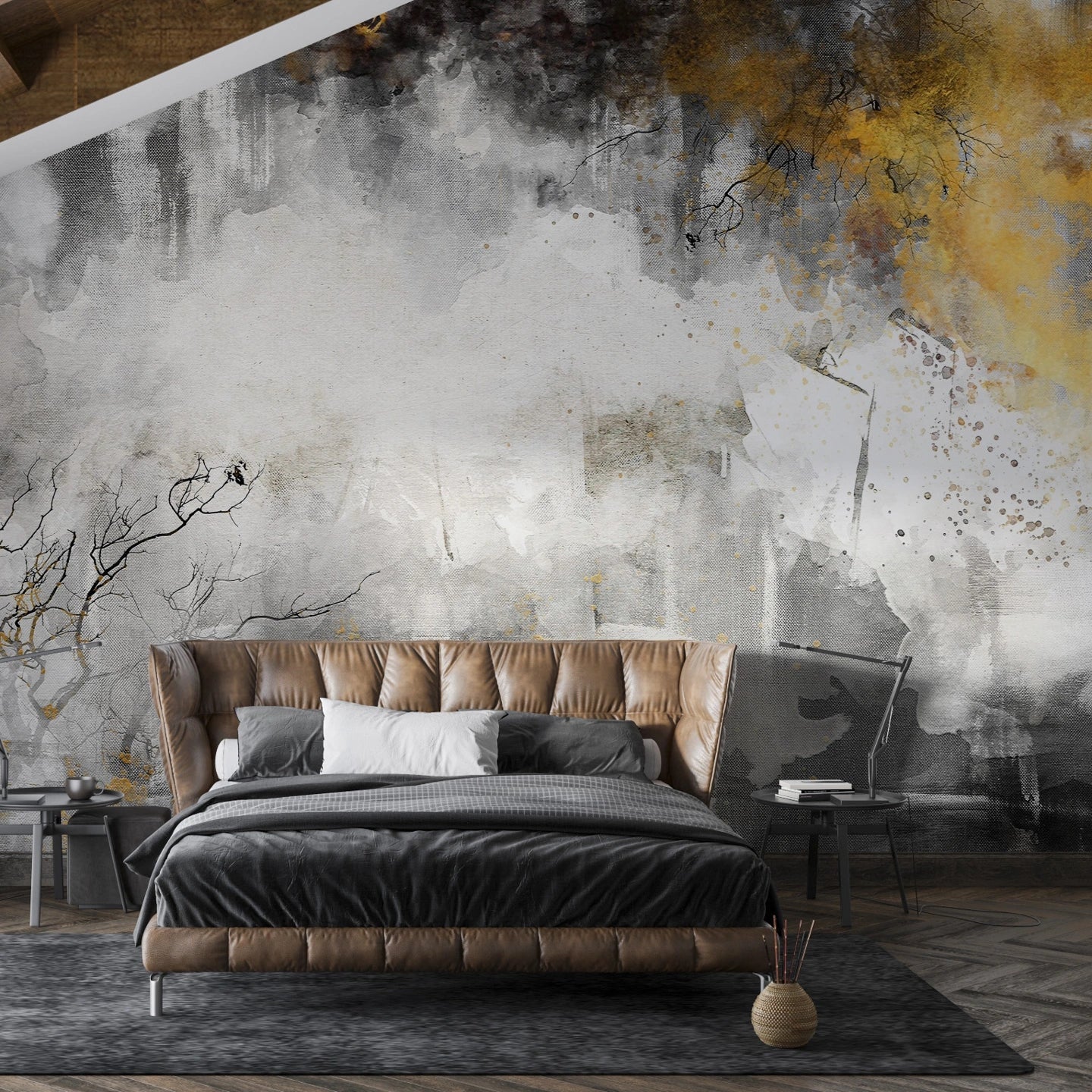 Abstract Trees Gold watercolor mural wallpaper with gray, gold, and black tones in modern bedroom setting