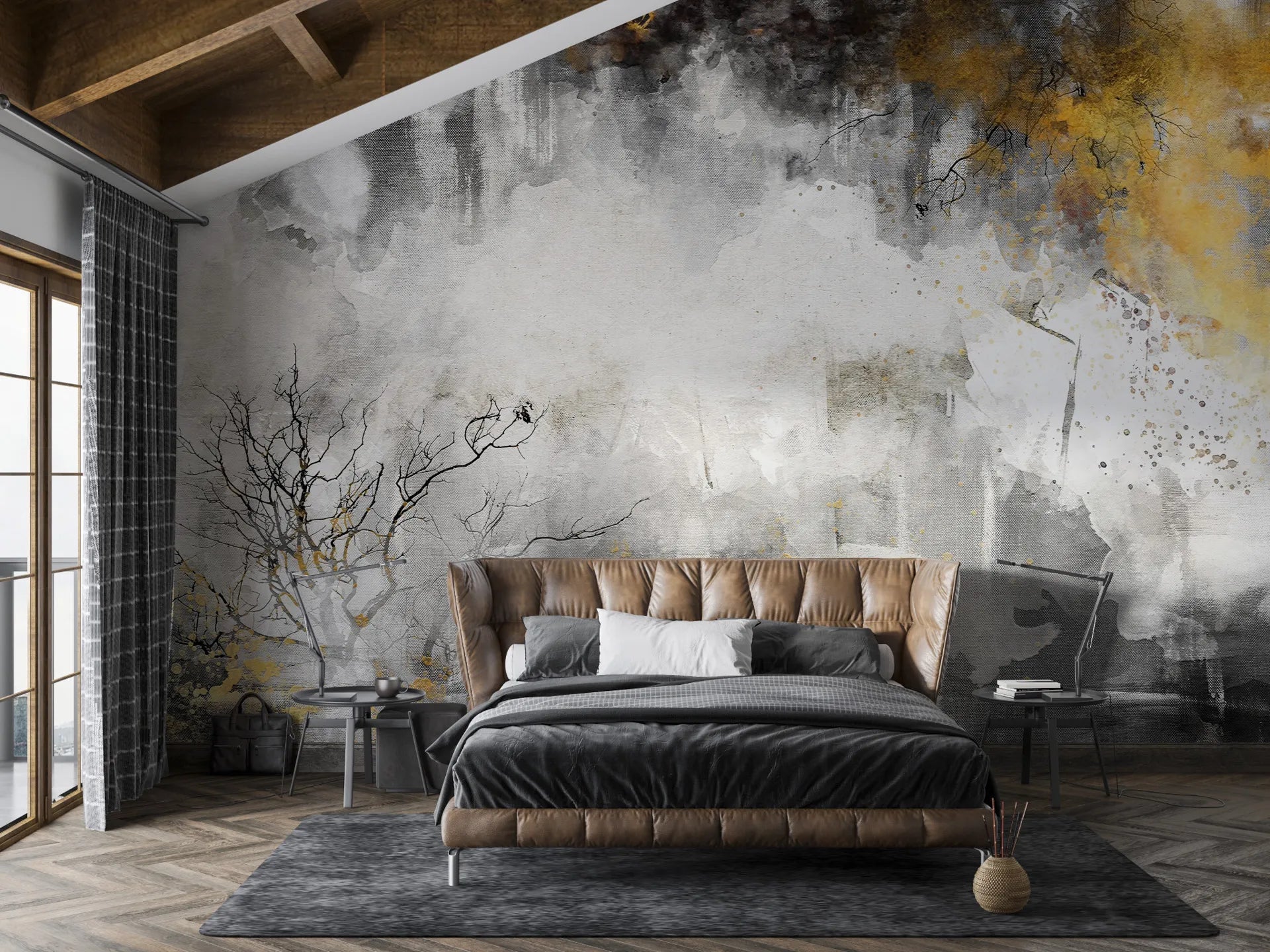 Abstract watercolor Trees Gold wallpaper in gray and gold tones on modern bedroom accent wall