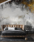 Abstract Trees Gold watercolor mural wallpaper with gray, gold, and black tones in modern bedroom setting