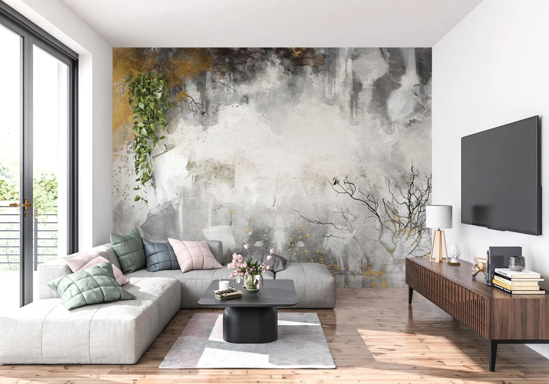 Trees Gold watercolor wallpaper with gray washes and botanical accents on modern living room feature wall