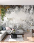 Trees Gold watercolor wallpaper with gray washes and botanical accents on modern living room feature wall